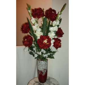    Contemporary Red Peony & White Gladiola Silk Floral