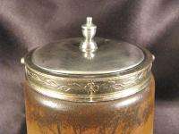 Signed Hand Painted Green Glass Biscuit Cracker Jar E. Monier Silver 