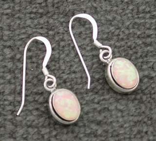 Sterling Silver Created Pink Opal Oval Dangle Earrings  