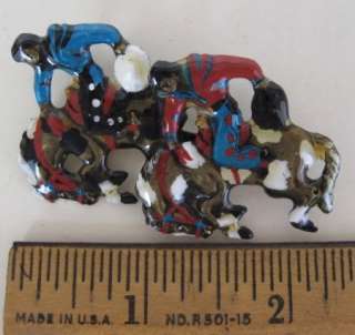   Vintage HAND PAINTED ENAMELED BROOCH Double Bucking Broncos  