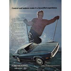  1972 Print Ad Blue Ford Mustang Grande Car Skier Skiing 