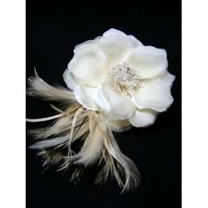  Large Ivory White Flower with Feathers Clip and Pin 