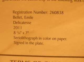 Emile Bellet Delicatesse Seriolithograph Framed Certificate of 