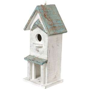 Wilco Imports White Wash Decorative Bird House with a Blue Roof, 5 1/2 