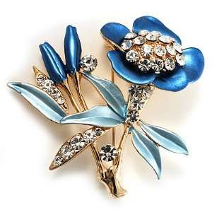  Blue Enamel Crystal Bunch Of Flowers Brooch (Gold Tone) Jewelry