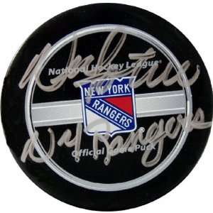 Nick Fotiu New York Rangers Autographed Game Model Hockey Puck with NY 
