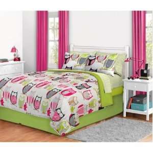  4pc Girl Green Pink Owl Zebra Bird Queen Comforter Set 