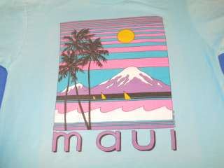 vintage 80S MAUI HAWAII SUNSET PALM TREE SAILBOAT POLY TEES TEAL t 
