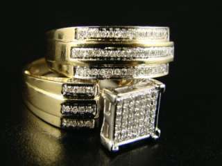 YELLOW GOLD LADIES + MENS WEDDING BAND ENGAGEMENT DIAMOND TRIO SET 