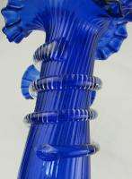   Cobalt Blue Glass Vases Hand Blown Ruffle Clear Base Set 2  