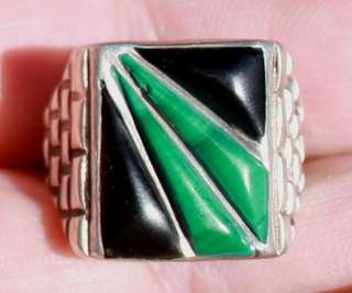 Handmade Large Old Zuni Sterling Silver & Onyx & Turquoise Ring  