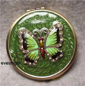 Compact Mirror Green Enamel Jewels Round w/ BUTTERFLY  