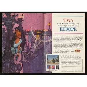  1962 TWA Airlines Europe Bob Peak art Double Page Print Ad 