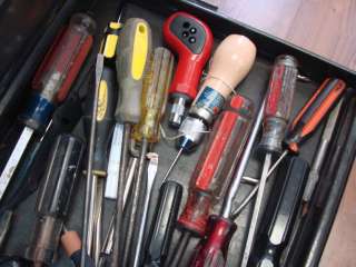   Lot Grandpas Tool Box w Misc Tools Open End Wrench Screwdriver Pliers