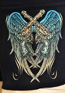   feature crystal pistols with angel wings tattoo graphic print on the