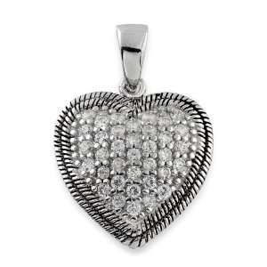 Sterling Silver Cubic Zirconia (CZ) Pave Heart Pendant with Antique 