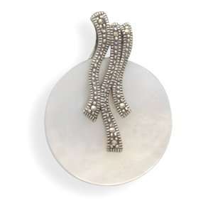 Sterling Silver Round White Shell and Marcasite Slide Shell Is 23mm In 