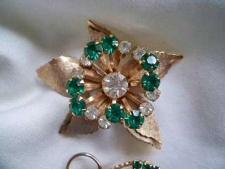   of 2 Emerald Green Rhinestone Brooches Leaf Starburst? Flower  