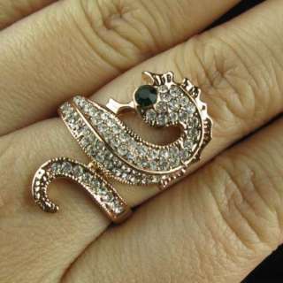 Green Eye sea horse rose gold GP Crystal finger Ring  
