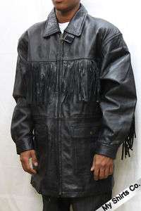 Images Black Leather Jacket with Tassels Mens XL  