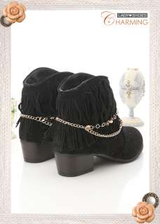 Womens Gold Chain Fringe Tassel Heel Boots in Choholate & Black   
