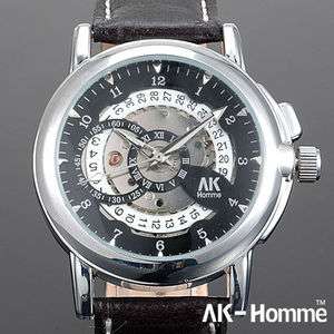 Black Leather Mens ★AK Homme ★ Automatic Mechanical Wrist Watch 