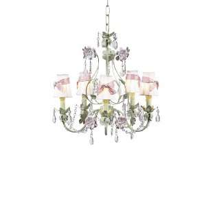 White Plain Chandelier Shades with Pink Sash on the Pink & Green 5 Arm 