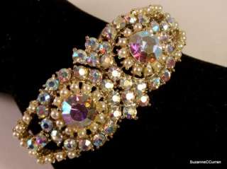 Vintage Aurora Borealis Rhinestone & Faux Pearl Clamper Bracelet Free 