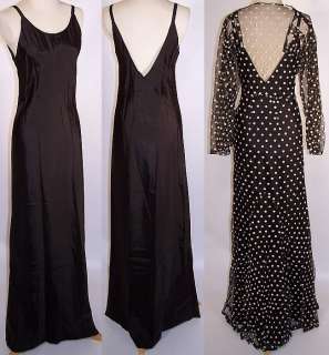 1930s Vintage Black & White Polka Dot Net Bias Cut Dress Long Gown 