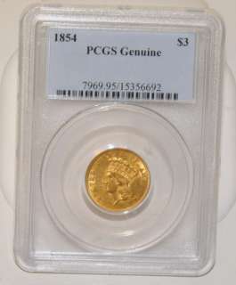 1854 $3.00 US INDIAN PRINCESS GOLD COIN PCGS GENUINE  