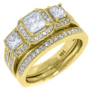   ENGAGEMENT RING WEDDING BAND BRIDAL SET PRINCESS YELLOW GOLD  