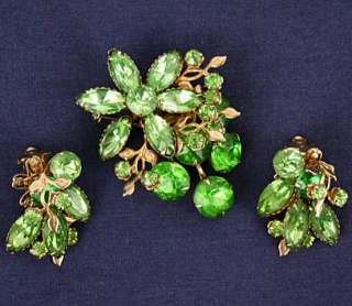 Vintage FACETED GREEN Tourmaline Floral Brooch~Pin+Earrings Set Prong 