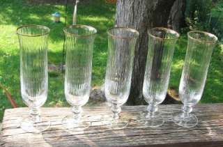 CHAMPAGNE CRYSTAL GLASSES LOT OF 5 ELEGANT TALL GOLD TRIM  