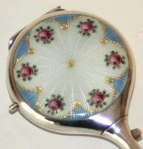 Antique Enameled Hand Mirror Shaped Compact with Silver Handle 
