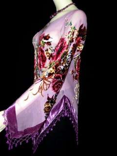 Silk Top Blouse Beaded Velvet Lilac Victorian Roses New  