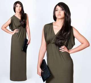 NEW Womens Olive Green Grecian Open Shoulder Maxi Long Evening Dress S 