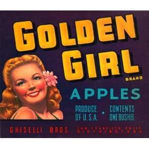  GOLDEN GIRL APPLES CALIFORNIA USA FRUIT CRATE LABEL PRINT 