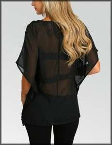 New BLACK Kimono Butterfly Sleeve TOP Blouse w/ Embroidery & Beads S 