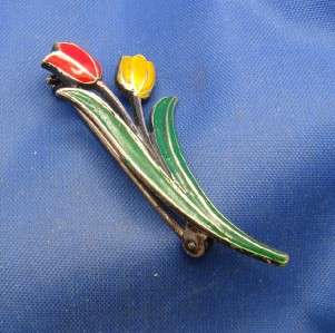 Vintage Silver & Enamel Tulip Flower Pin marked 835  