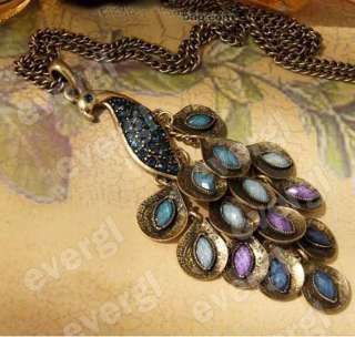   Vintage Retro Bronze Peacock Crystal Long Necklace Earrings  