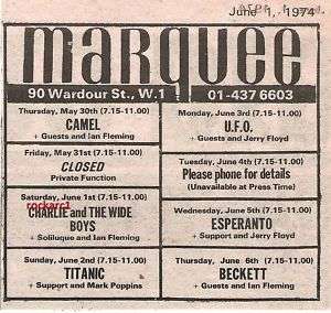 CAMEL / UFO AT THE MARQUEE VINTAGE ADVERT 1974  