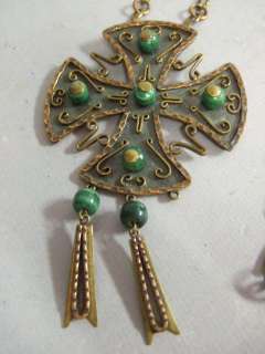   Mixed Metal Copper Brass Jade Bead Huge MALTESE CROSS Pendant Necklace