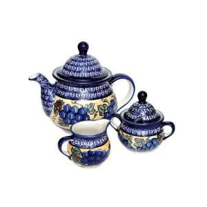  Polish Pottery Grapes Three Piece Tea Set with Cobalt Trim 