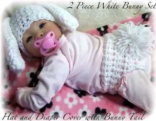White BunnySet Hat and Diaper Cover Baby Photo Prop with Tail Puff 