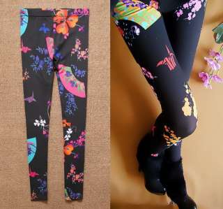 Slim Japanese Multicolor Floral Stretch Pants Legging Black 