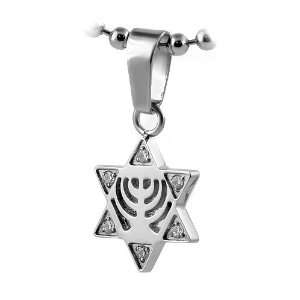   Steel CZ Star of David Pendant with Menorah Judaica Symbol Jewelry