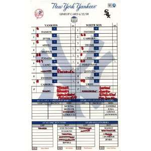  Yankees at White Sox 4 22 2008 Game Used Lineup Card 