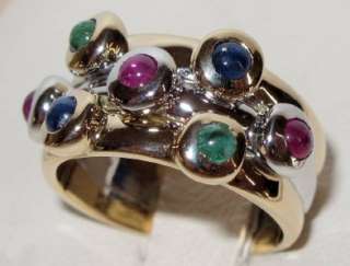 CABOCHON EMERALD RUBY & SAPPHIRE 0.60ct TWO TONE RING 14K Gold NEW 