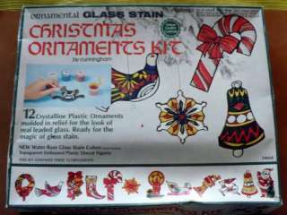 1973 ORNAMENTAL GLASS STAIN 12 CHRISTMAS ORNAMENTS KIT BY CUNNINGHAM 