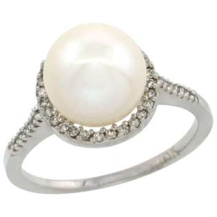 10k White Gold Halo Engagement 8.5 mm White Pearl Ring w/ 0.146 Carat 